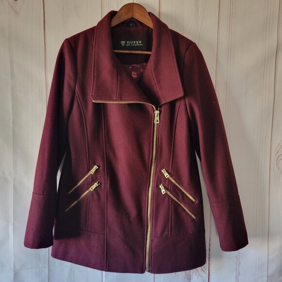 Guess Wool Women’s M, Maroon w/Gold Zippers Jacket, Moto Jacket, Full Zip & Full - Picture 1 of 13
